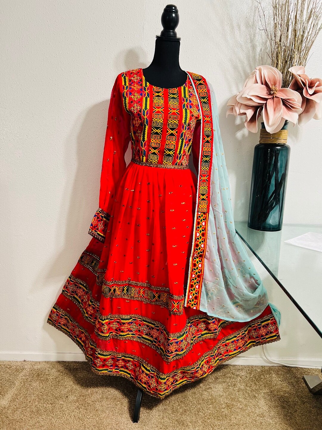 Afghani Long Dress With Embroidery Around Neck, Sleeves and Skirt