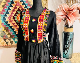 Embroidered Afghan Long Dress: Traditional Cotton Dress