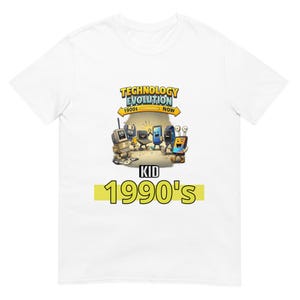 Teknikutveckling 1990-tals barn-T-shirt | Rolig tekniktröja | Retro dator till smartphone-tröja | 90-tals barntröja med grafisk design