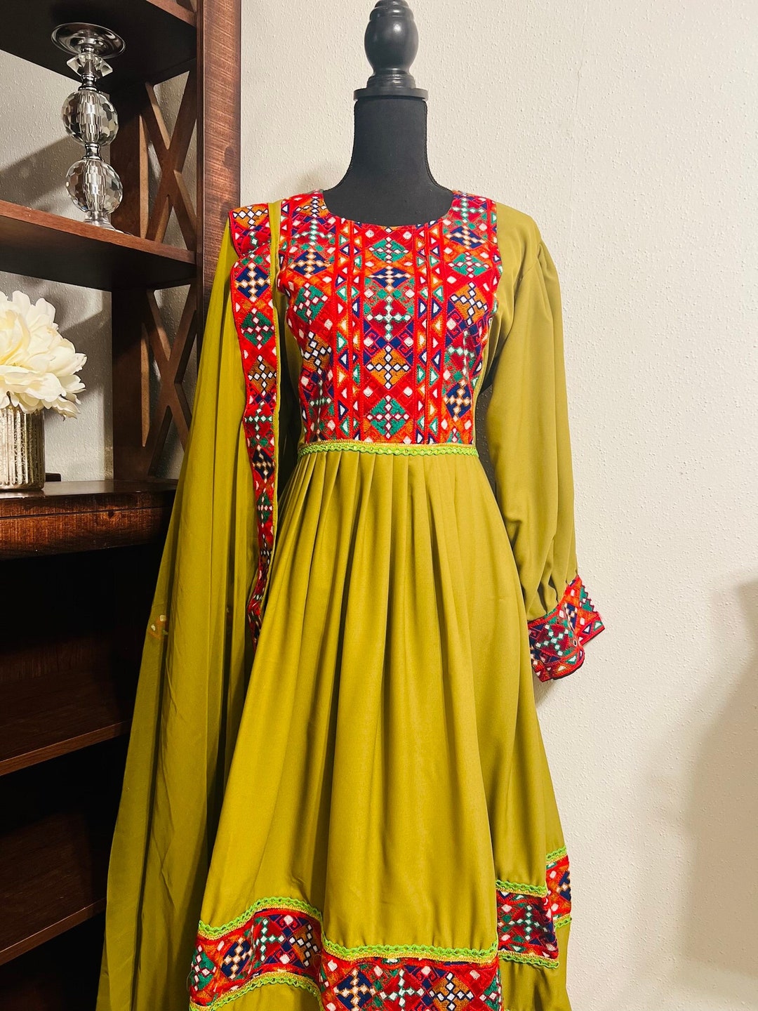 Afghani Long Dress With Embroidery Around Neck Sleeves and Etsy