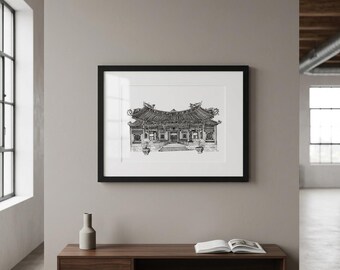 Lámina arquitectónica, Templo de Longshan, láminas ilustradas dibujadas a mano, láminas de arte fotográfico de calidad museística