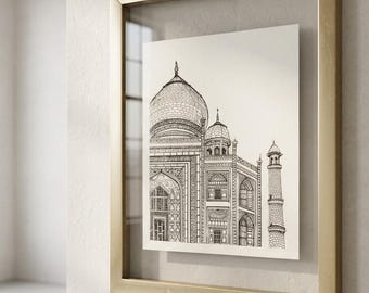Lámina arquitectónica, Taj Mahal, láminas ilustradas dibujadas a mano, láminas de arte fotográfico de calidad museística