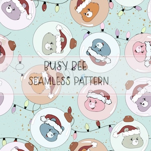 May include: A seamless pattern featuring cartoon bears wearing Santa hats inside Christmas baubles. The bears are various colours, including pink, blue, brown, and purple. The background is a light blue with gold glitter and white fairy lights.
