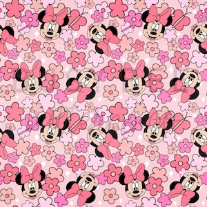 May include: A pink and white seamless pattern featuring a cartoon mouse with a red bow, pink flowers, and butterflies.