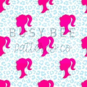 May include: A seamless pattern featuring pink silhouettes of a woman's head with a ponytail on a white background with a light blue leopard print.