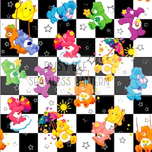 Cute Bears 90’s Kids TV Show Inspired checkerboard Seamless Pattern