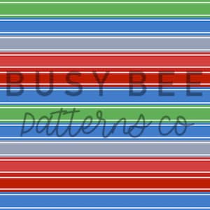 Könnte beinhalten: Ein digitales Design mit einem sich wiederholenden Muster aus horizontalen Streifen in Rot, Weiß, Blau, Grün und Grau. Der Text "BUSY BEE patterns co" ist über die Streifen gelegt.
