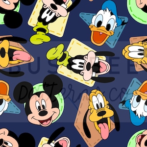 May include: A seamless pattern featuring cartoon characters Mickey Mouse, Donald Duck, Goofy, and Pluto. The characters are depicted in a playful and colourful style against a dark blue background.