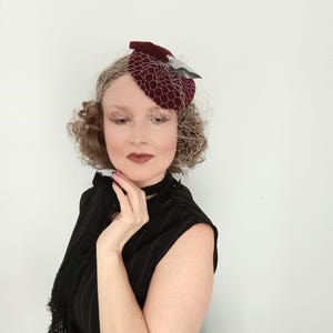 Burgundy Fascinator with Gray Veil