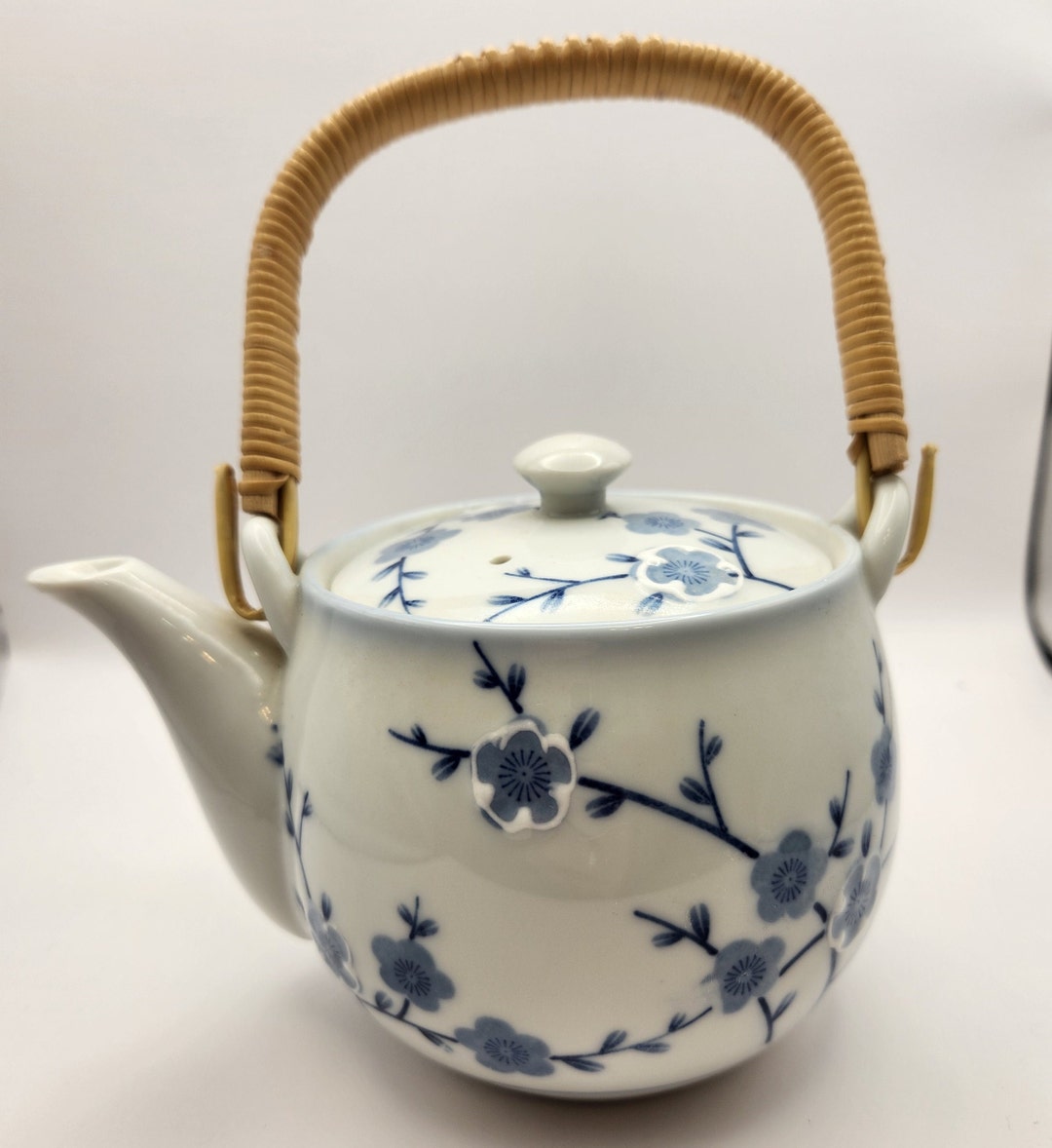 Vintage Japanese Blue and White Flower Tea Pot With Ratand Handle Etsy