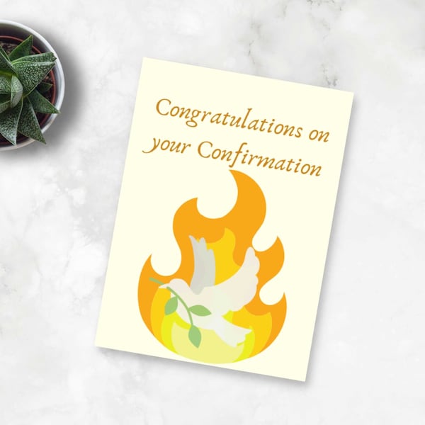 Printable Confirmation Greeting Card - 5"x7" - Religious, Dove, Flame, Holy Spirit, Free Editable Envelope Template