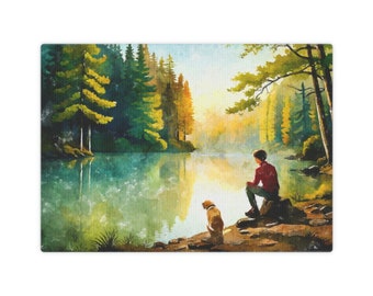 Ein Junge und sein Hund am See Aquarell, Fotokachel, Leinwanddruck.