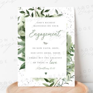 Tarjeta de compromiso cristiana IMPRIMIBLE, descarga instantánea En tu tarjeta de compromiso, Dios te bendiga en tu compromiso, 1 Corintios 13:13 Boda