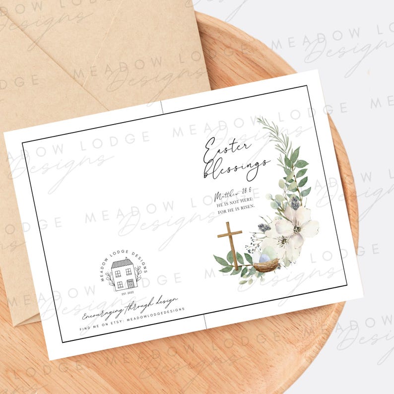 May include: White card with a floral wreath and a cross. The text reads "Easter Blessings" and "Matthew 28:6 He is not here, for He is risen".