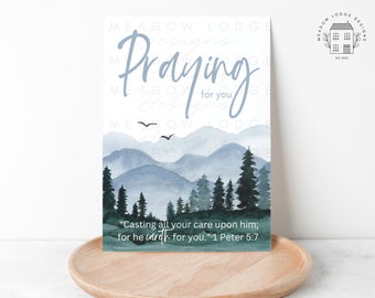 PRINTABLE Praying for you Christian Card for Him, Christian Encouragement Card, King James Bible Card for Men, 1 Peter 5:7 Christian Card