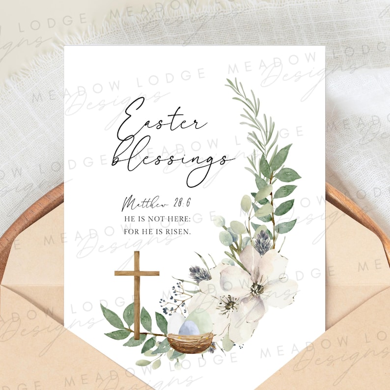May include: A white card with a watercolor floral wreath and a cross. The text reads "Easter Blessings" and "Matthew 28:6 He is not here: for he is risen."