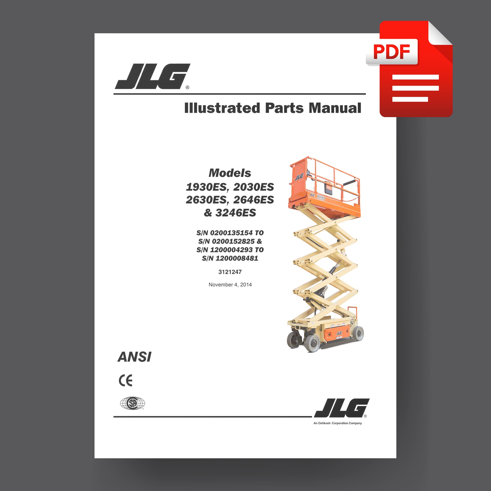 JLG 1930ES 2030ES 2630ES 2646ES 3246ES Scissor Lift Parts Manual