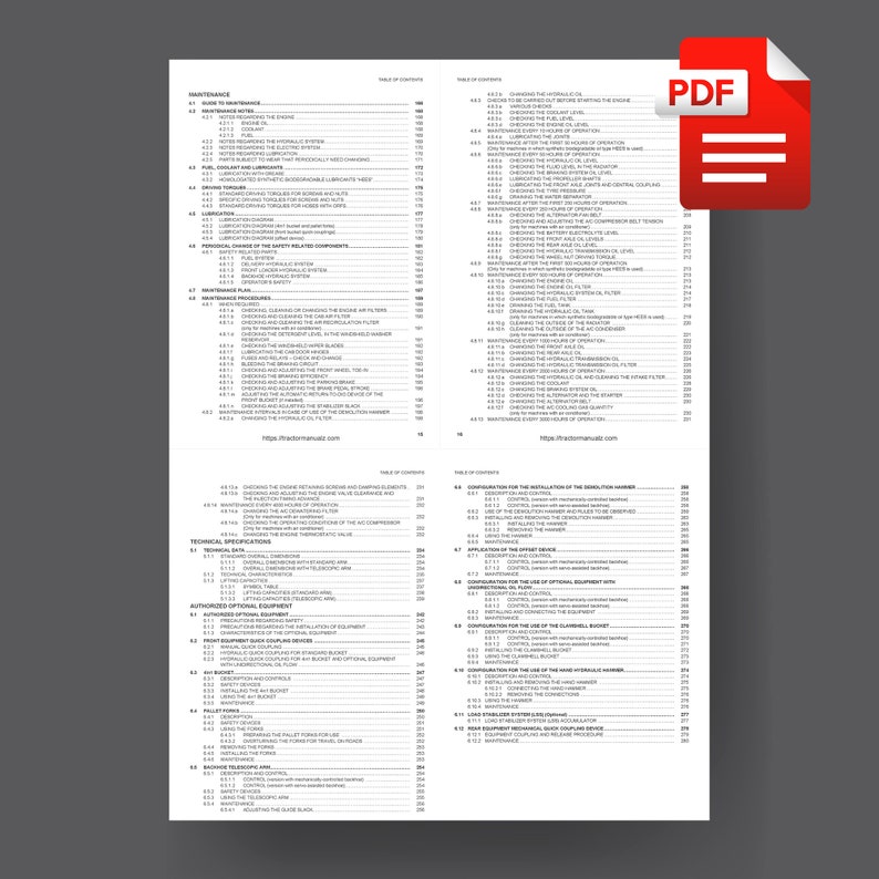 May include: Table of contents for a maintenance manual with sections for maintenance, technical specifications, authorized optional equipment, front equipment, pallet, rear stabilizer, and load equipment.