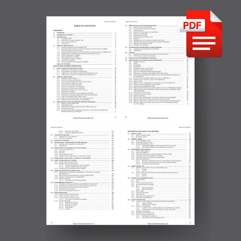 May include: Table of contents for a PDF manual with sections for safety, description and use of the machine, and long periods of inactivity. The manual includes information on the machine's operation, maintenance, and safety procedures.