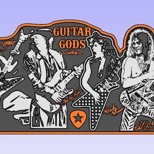 Pode incluir: Ilustração em preto e branco de quatro guitarristas tocando guitarras elétricas. A imagem está sobre um fundo cinza com o texto "GUITAR GODS" em laranja. Os guitarristas estão todos em poses diferentes e têm as suas assinaturas por baixo.