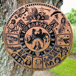 Puede incluir: Una placa circular de metal de color cobre con un diseño en blanco y negro que presenta a la banda Pink Floyd. El diseño incluye las caras de los miembros de la banda, un platillo volante, un cerdo y un prisma. La placa está rodeada por un borde decorativo.