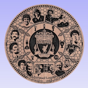 May include: Circular wooden plaque featuring portraits of Liverpool Football Club legends from 1970-1990. The design includes the club's emblem, trophies, and the phrase "You'll Never Walk Alone." The plaque is brown with black engraved details.