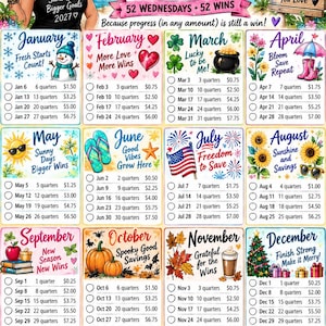 May include: A 2027 Wins Day savings challenge chart featuring 52 weekly goals for collecting quarters. The colorful grid displays monthly themes, dates, and dollar amounts, totaling $137.50. It includes illustrations of seasonal icons like a snowman, pumpkins, and fireworks.