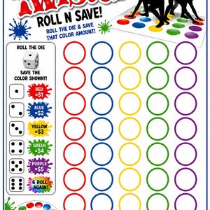 Könnte beinhalten: Ein Twister Roll N Save Spielplan mit einem Raster aus roten, blauen, gelben, grünen und violetten Kreisen. Der Plan enthält Anweisungen zum Würfeln, einen farbcodierten Sparschlüssel, ein Drehspiel und ein Zielfeld für Dollarbeträge.