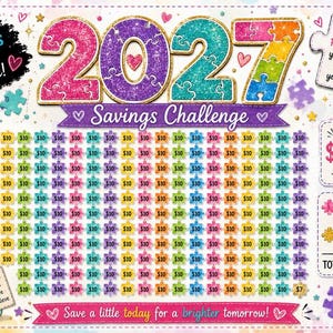 Pode incluir: Um rastreador de desafio de poupança 2027 com um tema de quebra-cabeça colorido. O design inclui o texto Small pieces BIG future!, Savings Challenge e uma meta de $2.027. Exibe linhas de peças de quebra-cabeça marcadas com $10, um pote e texto.