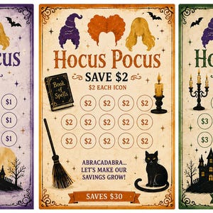 Peut inclure: Trois trackers d'épargne rectangulaires sur le thème Hocus Pocus en violet, orange et vert. Chacun présente des illustrations de cheveux de sorcière, un chat noir, une maison hantée et une grille de cercles avec des montants en dollars.