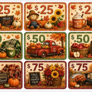 May include: A sheet of nine rectangular stickers featuring autumn-themed illustrations. Each sticker displays a price tag of .25, .50, or .75 and depicts seasonal elements like pumpkins, sunflowers, red trucks, apples, and signs with fall-themed text.