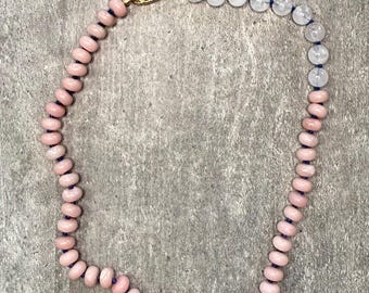 Pink Opal & Rose Quartz Necklace: Hand-Knotted Gemstone with Gold-Filled Clasp