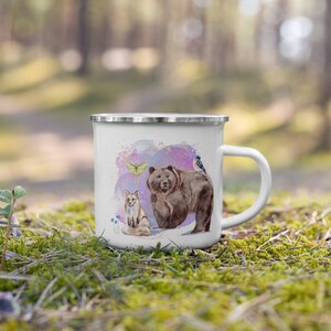 Woodland Animals Enamel Mug, Watercolor Fox Bear Bird Moth and Mushrooms Tin Cup, Whimsical Hiking and Camping Cup, Unique Holiday Magic Mug