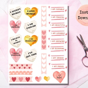 Folha de adesivos de afirmações de amor próprio, adesivos de coração inspiradores, folha de adesivos para download e corte para crianças, adesivos de mantra infantil