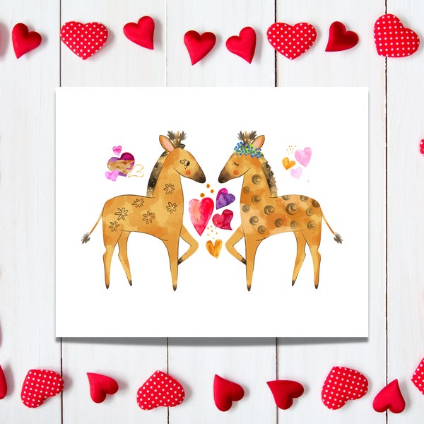 Whimsical Horses Valentines Art, Kids Printable Valentines Art, Horses Valentines Day Downloadable Art, Valentine Art Print for Kids, Horses