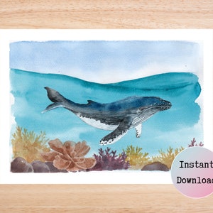 Watercolor Whale Poster, Under the Sea Whale Art, Whale Nursery Art, Whale Playroom Decor, Digital Download Whale Print, Whale Lover Gift