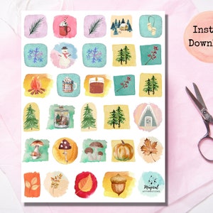 Winter and Fall Downloadable Stickers, Whimsical Watercolor Season Stickers, Print and Cut Stickers for Kids, Children&#39;s Season Stickers