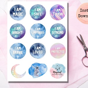 Downloadable Affirmation Stickers,Sticker Sheet,Print and Cut, Unique Stickers for Planners and Journals, Kids Craft, Space and Planets