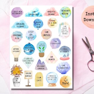 Adesivos de aquarela de afirmação de mantras positivos para crianças, adesivos de impressão e corte de afirmações caprichosas para artesanato infantil, adesivos de mentalidade