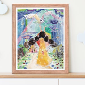 Impresión de arte de pared infantil de naturaleza de espíritu libre, decoración de la habitación de los niños búho y niña, arte de confiar y dejar ir, cartel de arte infantil salvaje caprichoso, espiritual