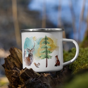 Woodland Animals Enamel Mug – Fox Deer Owl Squirrel Camping Cup, Nature Lover Gift, Kids Adventure Mug, Outdoor Coffee Cup, Hiking Drinkware