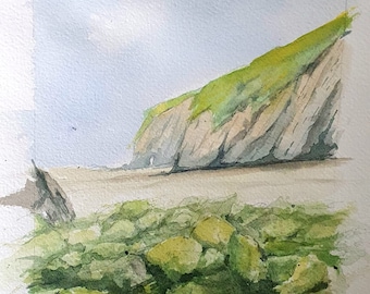 Porcia Beach - Asturias. original painting, watercolor painting, landscape with water, art, handmade