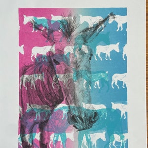 Pode incluir: Uma ilustração em preto e branco de um burro com uma juba espinhosa, impressa em um fundo rosa e azul. O fundo está cheio de imagens menores de burros em um padrão repetitivo. O texto "They are like..." está impresso no canto inferior esquerdo e "Plummer 2017" está impresso no canto inferior direito.