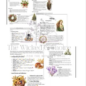 May include: A printable guide to the pagan holiday Lammas, also known as Lughnasadh. The guide includes information about the history, symbolism, colors, crystals, herbs, and sacred practices associated with the holiday. The guide features illustrations of a wreath, a loaf of bread, a harvest basket, and a field of wheat.