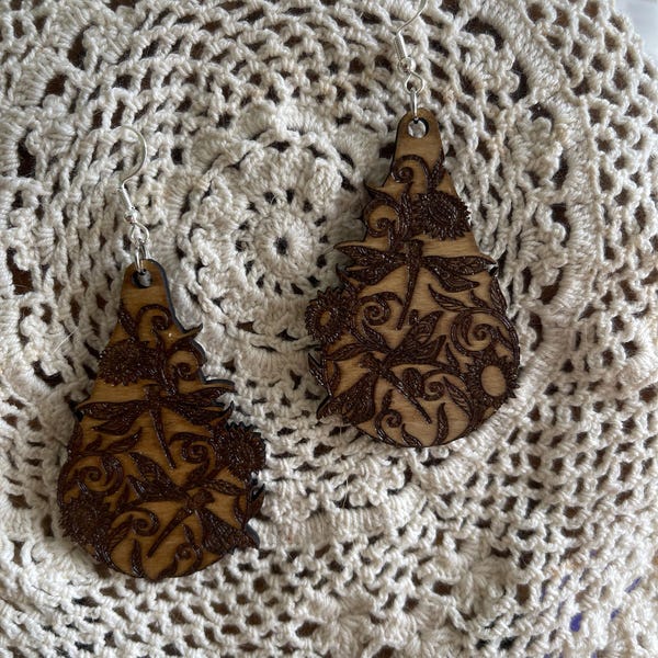 Laser Engraved Wood Dragonfly Earrings: Sterling Silver Hooks