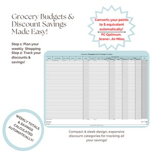 May include: A blue and white printable grocery shopping list and savings tracker. The tracker includes columns for item, category, store, price, quantity, total, discount, points earned, and more. The text "Grocery Shopping List & Savings Tracker" is at the top of the sheet. The text "Converts your points to £ equivalent automatically! PC Optimum, Scene+, Air Miles" is in a starburst shape at the top right corner of the sheet. The text "Weekly Totals & Savings Calculated Automatically!" is in a circle at the bottom left corner of the sheet. The text "Compact & sleek design, expansive discount categories for tracking all your savings!" is at the bottom of the sheet.