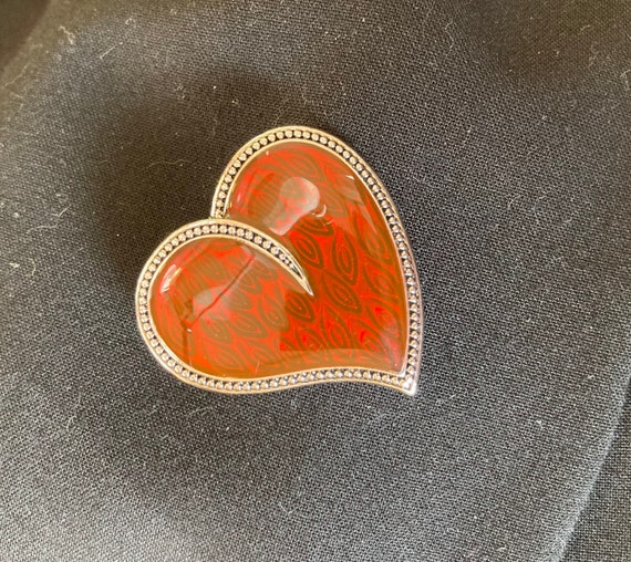 signed Lia Sophia Burning Love heart pendant, silver-tone, red, patterned