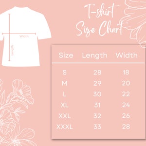 May include: T-shirt size chart with measurements in inches. The chart shows the size, length, and width of t-shirts in sizes S, M, L, XL, XXL, and XXXL.