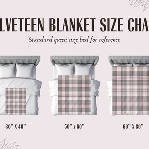 May include: A size chart for velvet blankets showing three different sizes: 30 inches by 40 inches, 50 inches by 60 inches, and 60 inches by 80 inches. Each size is shown on a queen-sized bed with a white duvet cover and two white pillows.