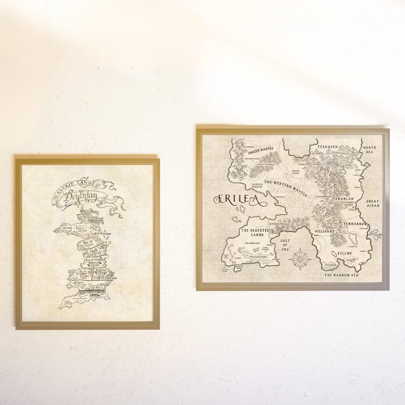 May include: Two framed fantasy maps with a vintage aesthetic. The map on the left is labeled "Daythlay" with a banner. The map on the right is labeled "Erilea" and features detailed geographical features, including oceans and landmasses, in a neutral color palette.